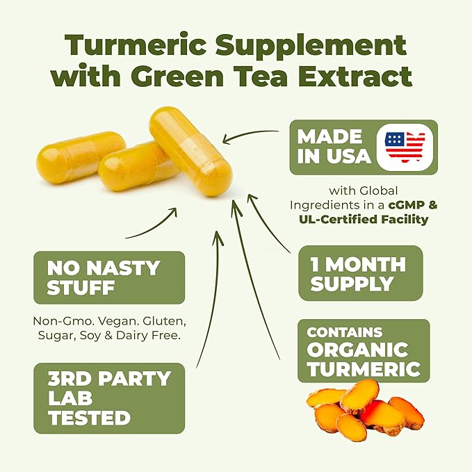 Turmeric Supplement & Green Tea Extract Capsules. Green Tea Supplement with Organic Turmeric Curcumin with Black Pepper & Vitamin C for Joint Health, Antioxidant Support & Healthy Metabolism. 2 Pack