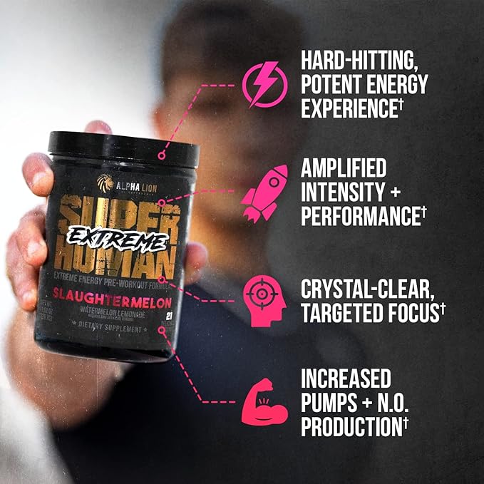 ALPHA LION Superhuman Extreme, Extreme Energy Pre-Workout Formula, Intense, Sustained Energy and Focus, Elevated Nitric Oxide, Maximum Pumps & Nutrient Delivery (21 Servings, Slaughtermelon)
