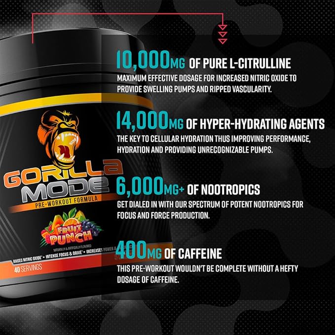Gorilla Mind Pre Workout - Massive Pumps Laser Focus Energy Power - L-Citrulline, Creatine, L-Tyrosine, Betaine, Hydroprime, Alpha-GPC, 400mg Caffeine, Huperzine A - 800g (Watermelon)