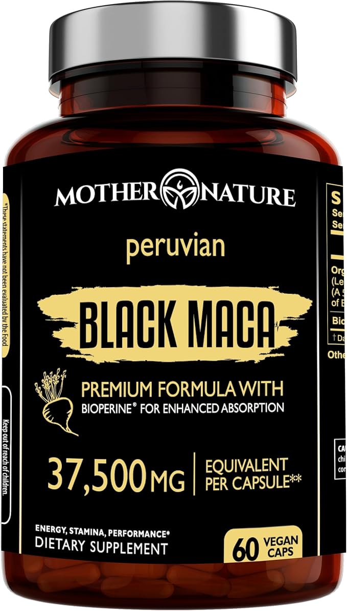 Mother Nature 37,500mg 50x Strength Organic High-Potency Peruvian Black Maca Root Capsules for Men 100% Pure Maca Peruana 50:1 Extract to Boost Stamina, Enegy, Muscle Gain - 60ct