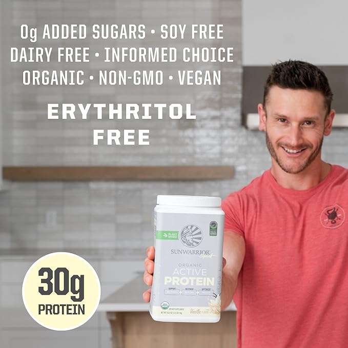 Sunwarrior Vegan Protein Powder Plant-Based USDA Organic Protein BCAAs Sugar, Gluten, Dairy Free Non-GMO Vanilla Flavored 20 Servings Sport Active