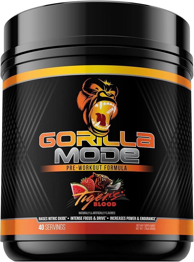 Gorilla Mind Pre Workout - Massive Pumps Laser Focus Energy Power - L-Citrulline, Creatine, L-Tyrosine, Betaine, Hydroprime, Alpha-GPC, 400mg Caffeine, Huperzine A - 800g (Tigers Blood)