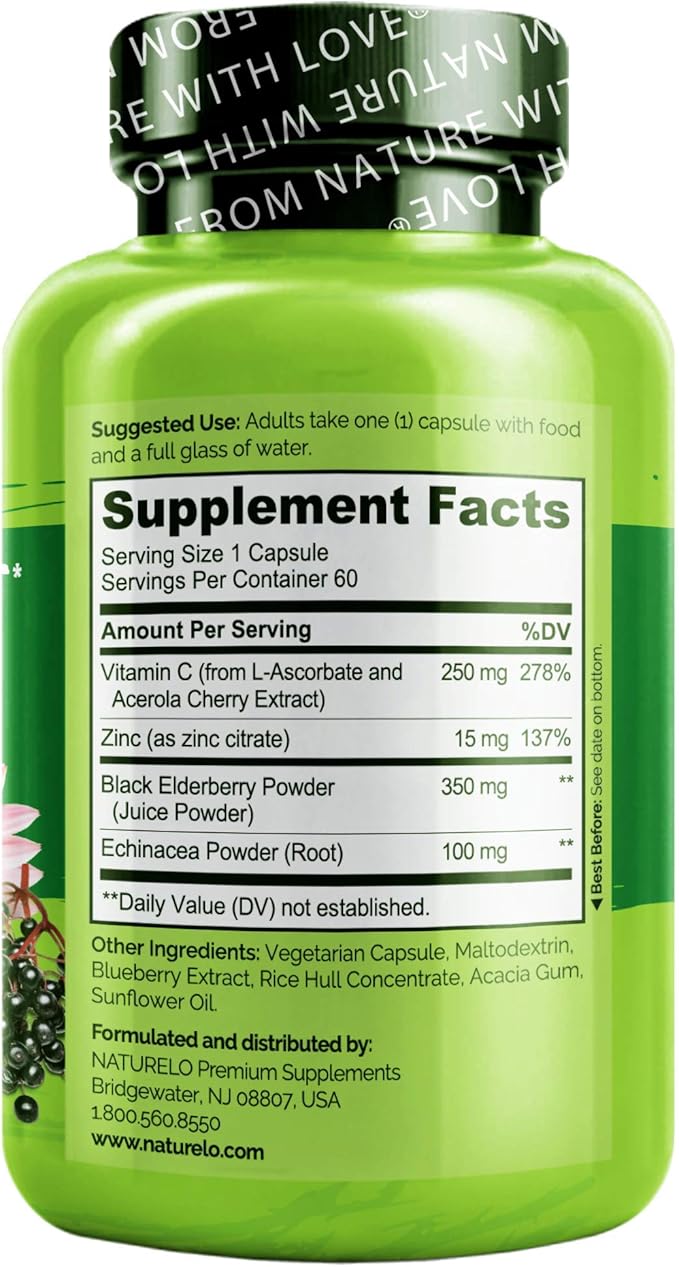 NATURELO Immune Support – Vitamin C, Elderberry, Zinc, Echinacea – Natural Immunity Boost w/Antioxidant, Herbal & Mineral Defense - 60 Vegan Capsules (Pack of 2)