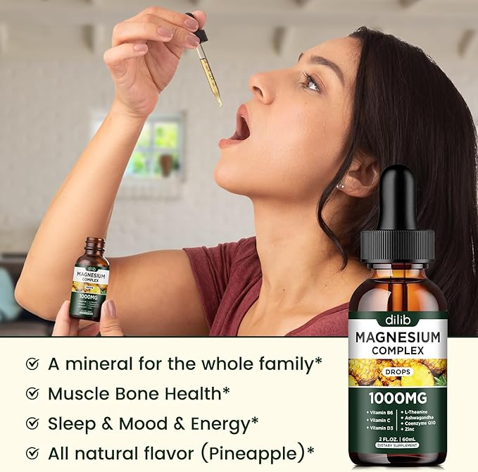 Triple Magnesium Complex Supplement, Magnesium Glycinate, Blend, Citrate Liquid Drops 1000mg with Ashwagandha, CoQ10, Vitamin B6, C, D, Zinc - Vegan Pineapple Flavor