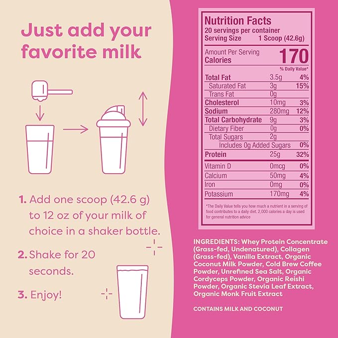 FlavCity Grass Fed Whey Protein Powder - Vanilla Latte - 25g Protein, 10g Collagen & 60mg of Caffeine - Made With Real Vanilla Bean & Organic Coconut - Gluten Free & No Added Sugars (20 Servings)