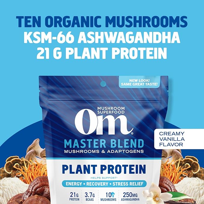 OM MUSHROOM SUPERFOOD Master Blend Plant-Based Protein Powder, 16 Servings, Creamy Vanilla with 10 Mushroom Blend & Adaptogens for Recovery
