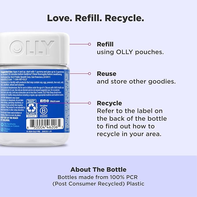 OLLY Kids Sleep Gummy, Occasional Sleep Support, 0.5mg Melatonin, L Theanine, Chamomile, and Lemon Balm Extracts, Childrens Chewable Supplement, Raspberry Flavor - 90 Count