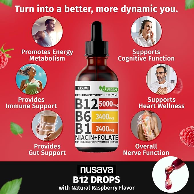 (4 Pack) Vitamin B12 and B6 Liquid Drops, B12 Sublingual Vitamin B Complex - B 12 Vitamin 5000mcg - B12 Methylcobalamin for Energy, Brain, and Heart Support with 27,200 mcg, Raspberry, 80 Servings