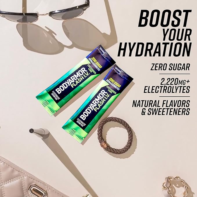 BODYARMOR Flash IV Electrolyte Packets, Cucumber Lime - Zero Sugar Drink Mix, Single Serve Packs, Coconut Water Powder, Hydration for Workout, Travel Essentials, Just Add Sticks to Liquid (15 Count)
