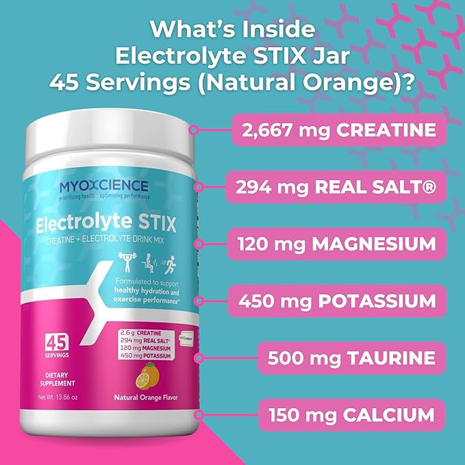 MYOXCIENCE Electrolyte STIX | Creatine Electrolyte Powder | Recovery from Exercise & Muscle Development w/Real Salt (Natural Orange Flavor) (Jar 45 ct)