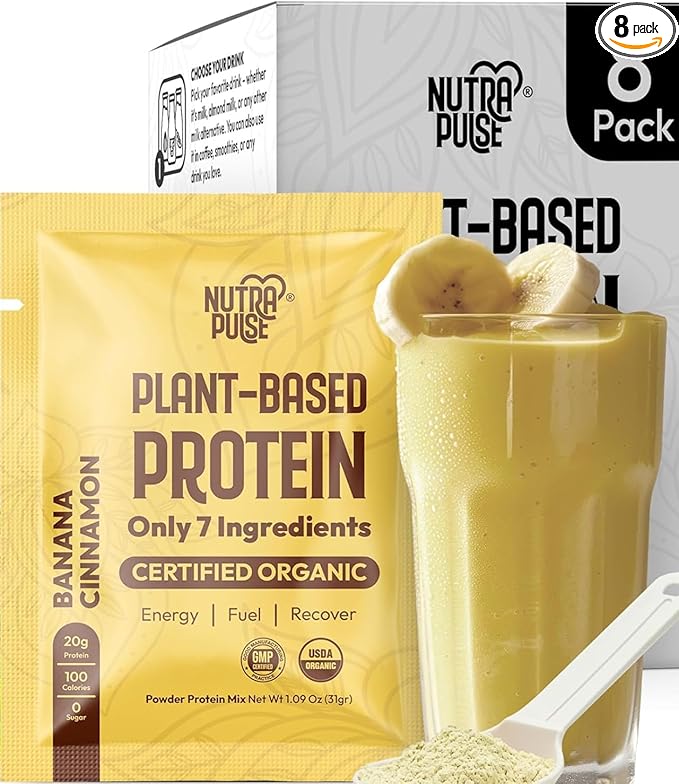 Plant-Based Vegan Protein Powder Sample Pack - Organic, Gluten-Free, Non-GMO, 20g Protein Per Serving, Plant Based Protein Powder for Smoothies & Shakes, Soy-Free Banana Cinnamon Flavor - Pack of 8