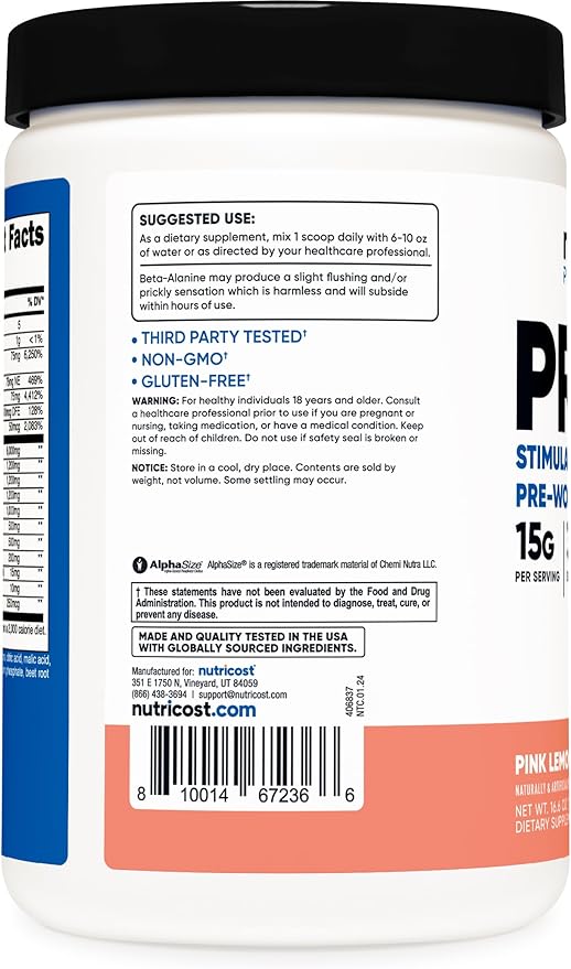 Nutricost Stim-Free Pre-Workout, 30 Servings (Pink Lemonade) - Caffeine Free, Stimulant Free, Non-GMO, Gluten Free