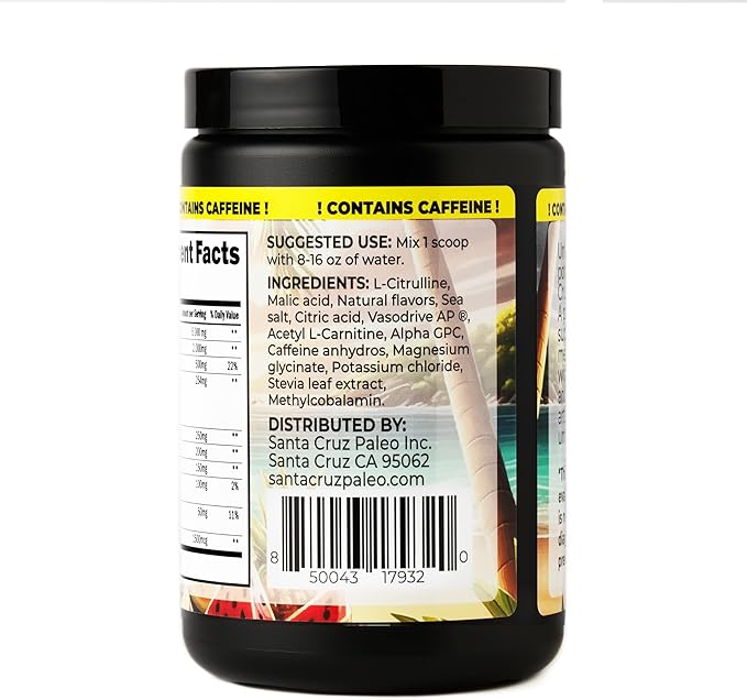 Santa Cruz Paleo Natural Pre Workout Powder, Island Punch, Keto Preworkout Electrolytes with Magnesium, Potassium, L-Citrulline, 150mg Caffeine, Sugar-Free Drink Mix for Energy & Hydration,30 Servings