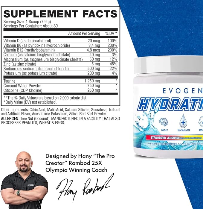 Evogen Hydration - Electrolytes Powder | Sugar-Free Electrolyte Powder Supplement for Hydration, Energy, and Recovery | Coconut Water, B Vitamins, Potassium | Strawberry Lemonade | 30 Servings