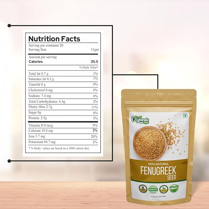 Organic Zing Fenugreek Seeds Also Known As Methi Seeds and Trigonella Foenum-Graecum | Vegan | Preservative Free | Product of India - 227g Resealable Pack