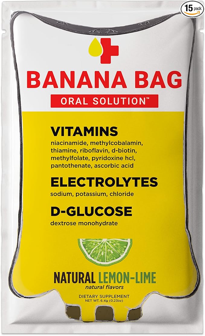 Banana Bag Oral Solution Packets โ Natural Lemon Lime 15pk | A Refreshing Blend of Electrolytes, Vitamin C, and B-Complex for Daily Hydration and Energy | Perfect for Any Lifestyle.