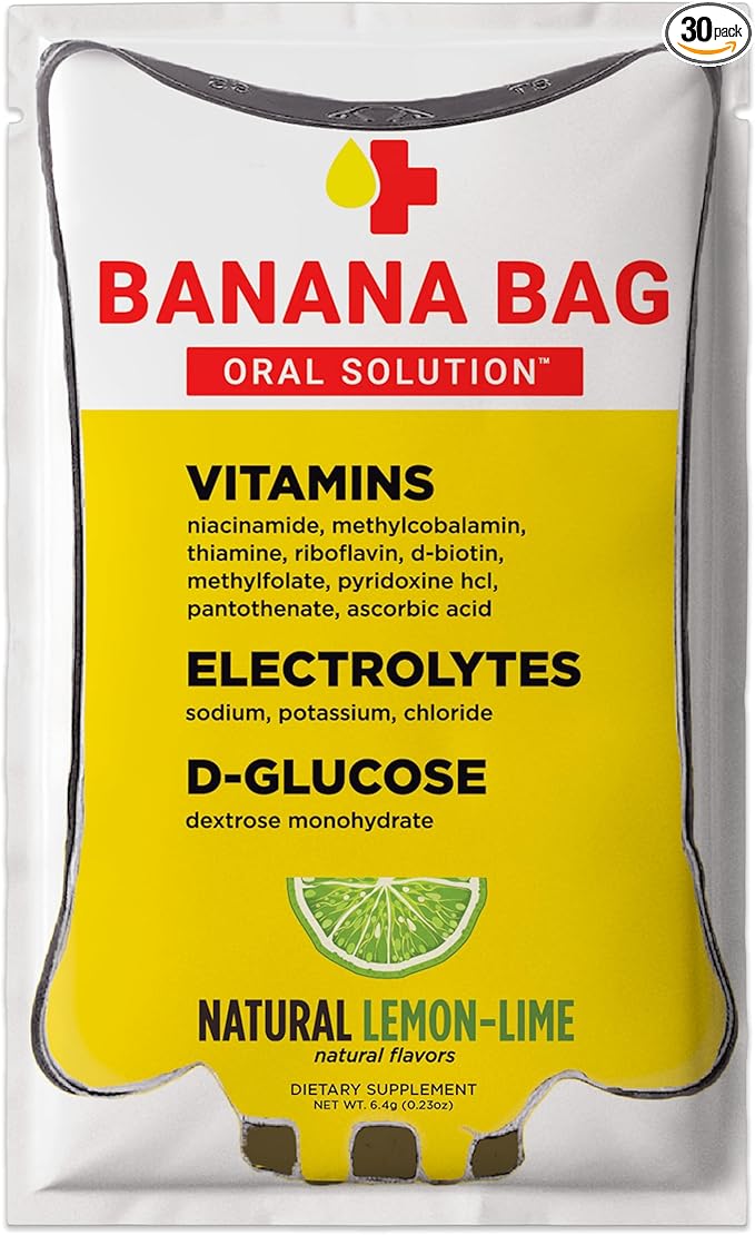 Banana Bag Oral Solution Packets โ Natural Lemon Lime 30pk Pouch | A Refreshing Blend of Electrolytes, Vitamin C, and B-Complex for Daily Hydration and Energy | Perfect for Any Lifestyle.