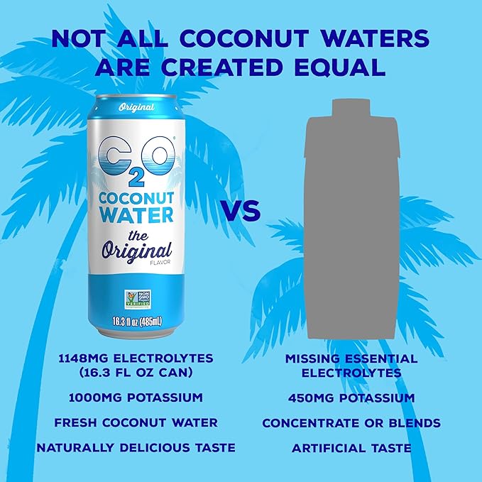 C2O - Coconut Water, The Original Flavor (8 Pack) - Made with Fresh Coconut Water - Plant Based - Non GMO - Canned Water - Natural Hydration, Essential Electrolytes, & Potassium - 8 Cans, 16.3 FL OZ