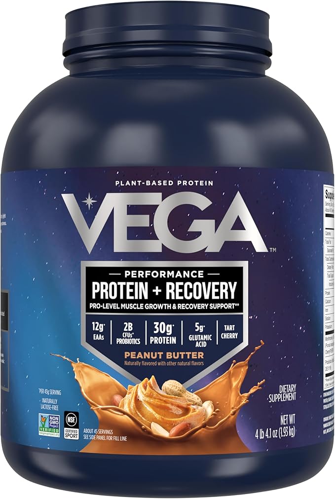 Vega Sport Vegan Protein Powder + Recovery - 30g Plant Based Protein per Serving, Peanut Butter, 45 Servings, 5g BCAAs, Probiotics, NSF Certified, For Shakes & Smoothies, 4.2lbs (Packaging May Vary)