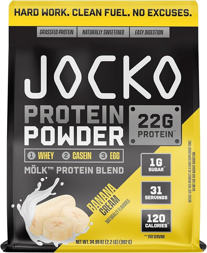 Jocko Fuel Mölk Whey Protein Powder 22g Low Sugar Monk Fruit Blend - Muscle Recovery & Growth, Packaging May Vary (31 Servings, Banana Cream)