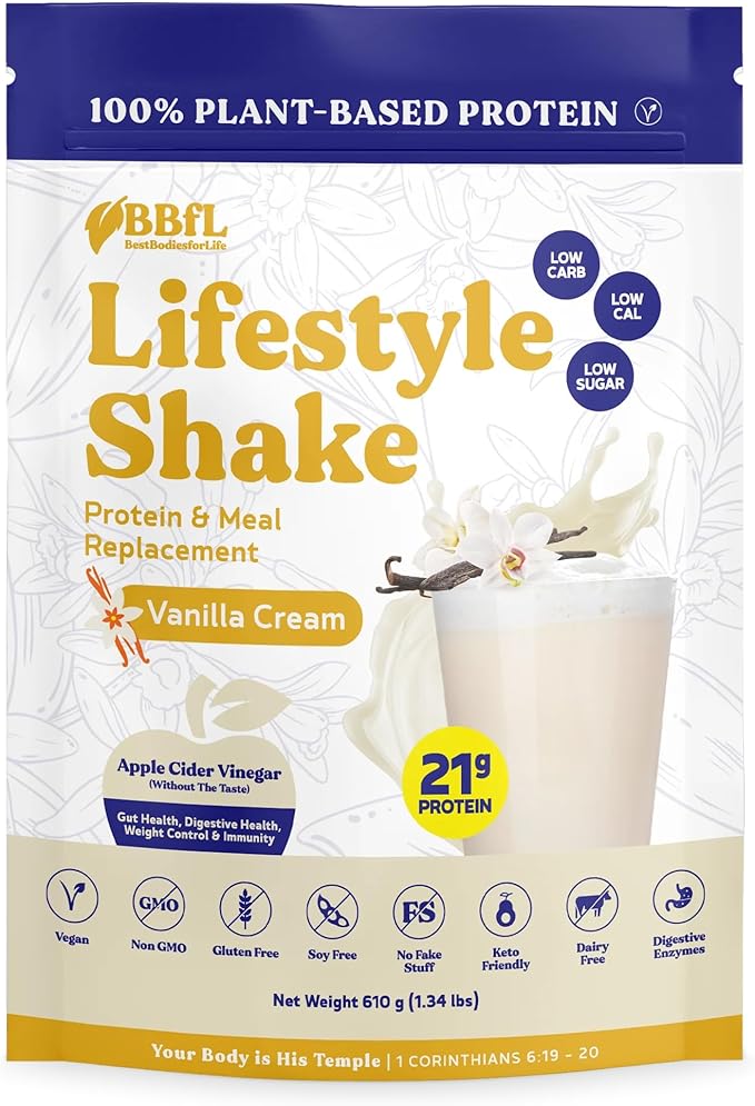 Meal Replacement Shakes, 21g Protein, Vegan Plant Based Protein Powder, Apple Cider Vinegar, Digestive Enzymes, All in One Shake for Women & Men (15 Servings, Vanilla Cream)