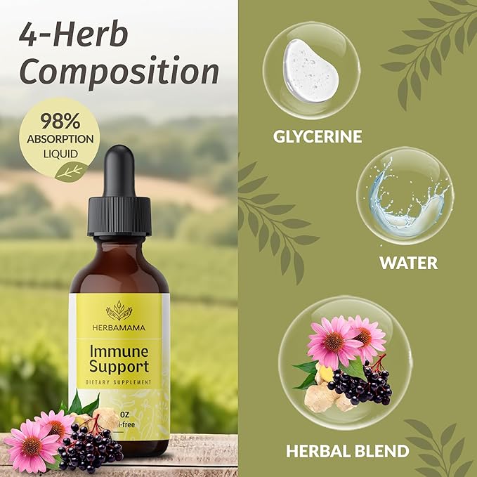 HERBAMAMA Liquid Immune Support Drops - Vegan Echinacea Goldenseal Tincture with Ginger Root & Elderberry - Non-GMO, Alcohol & Sugar-Free Supplement with Immune Support Herbs, 28-Day Supply