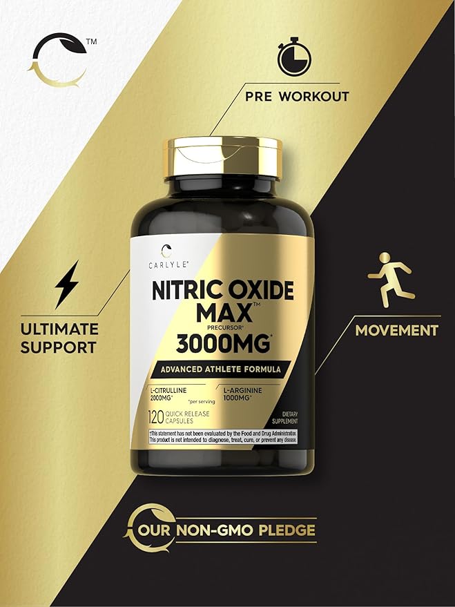 Carlyle Nitric Oxide Supplement 3000mg | for Men and Women | 120 Capsules | Pre Workout with L-Arginine & L-Citrulline | Non-GMO, Gluten Free