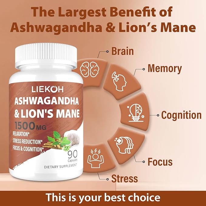 Ashwagandha & Lions Mane Supplement Capsules, Brain Supplements for Memory and Focus, Ashwagandha Supplement with Rhodiola & Black Peppe, Cortisol Supplements for Women & Men,90 Caps