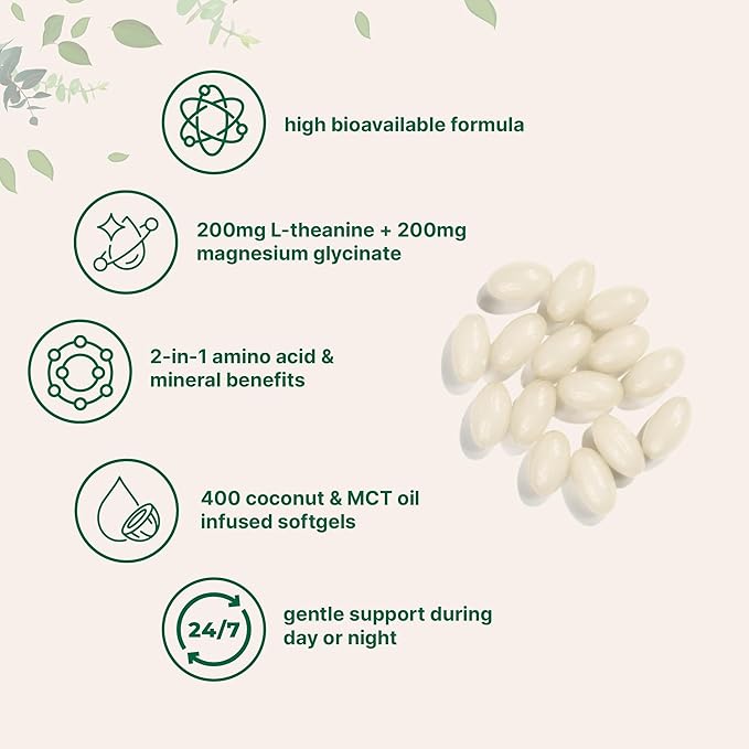 L-Theanine 200mg with Magnesium Glycinate, 400 Coconut MCT Oil Softgels | Relaxation, Focus & Muscle Support Supplement | 2-in-1 Amino Acid & Mineral Complex | Gentle Care All Day & Night