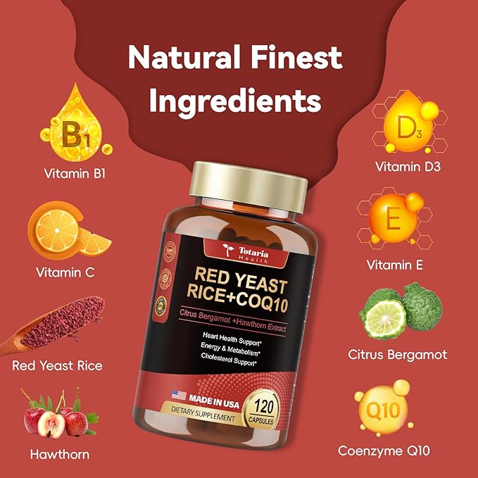 (2 Packs) Red Yeast Rice with CoQ10 Supplement - Max Strength Red Yeast Rice 2,000 mg Capsules with CoQ10 100mg Plus Citrus Bergamot - Niacin-Free, Cholesterol & Energy Supplement 3rd-Party Tested