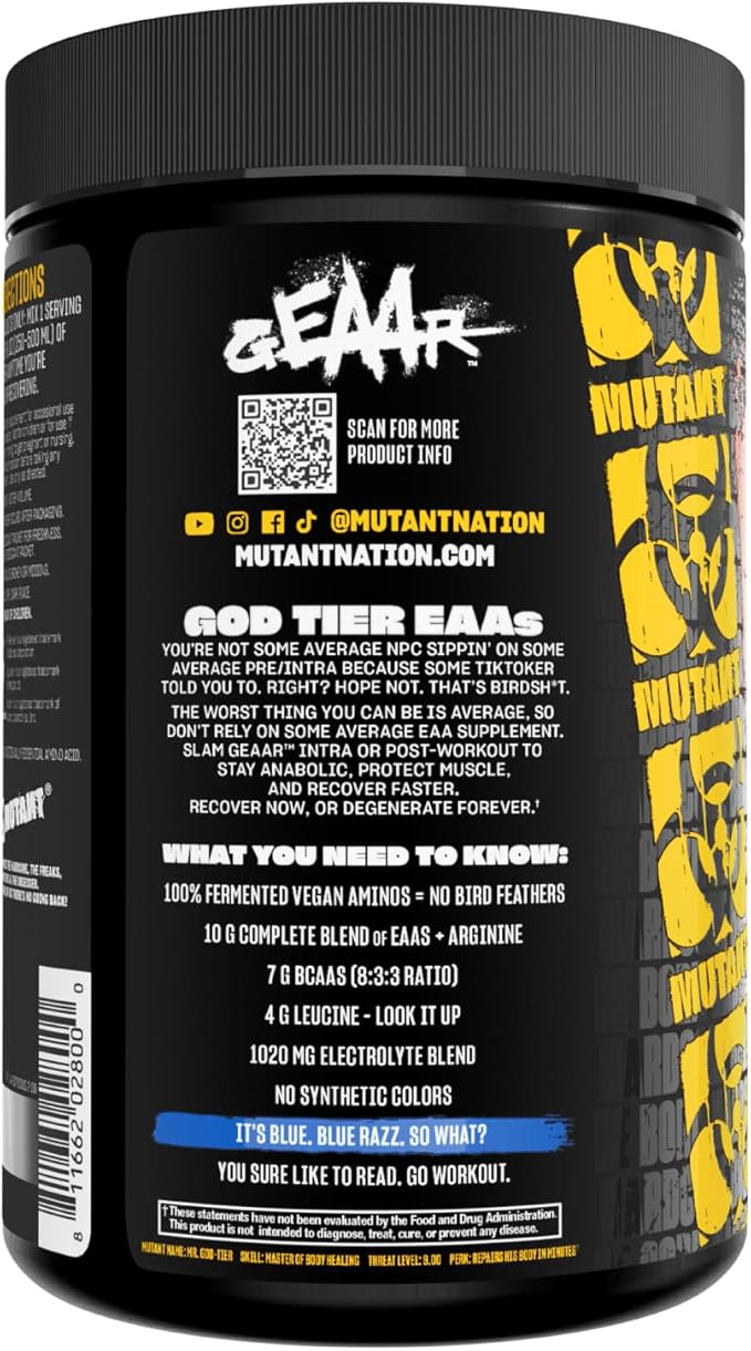 Mutant GEAAR - 9.4g of EAA Powder + Arginine, 7g BCAAs, 4g Leucine, Electrolytes, Coconut Water, 30 Servings - Blue Raspberry