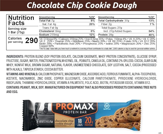 Promax Protein Bar, Chocolate Chip Cookie Dough, 20g High Protein, Gluten Free, 12 Count