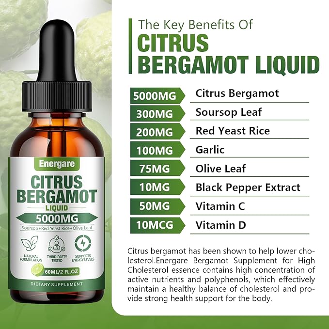 2 Packs Citrus Bergamot Liquid Drops, Bergamot Supplement For High Cholesterol - Soursop, Red Yeast Rice, Olive Leaf - All - Natural, Heart Immune Support & Antioxidant, Soursop Bitters Liquid,4 Fl Oz