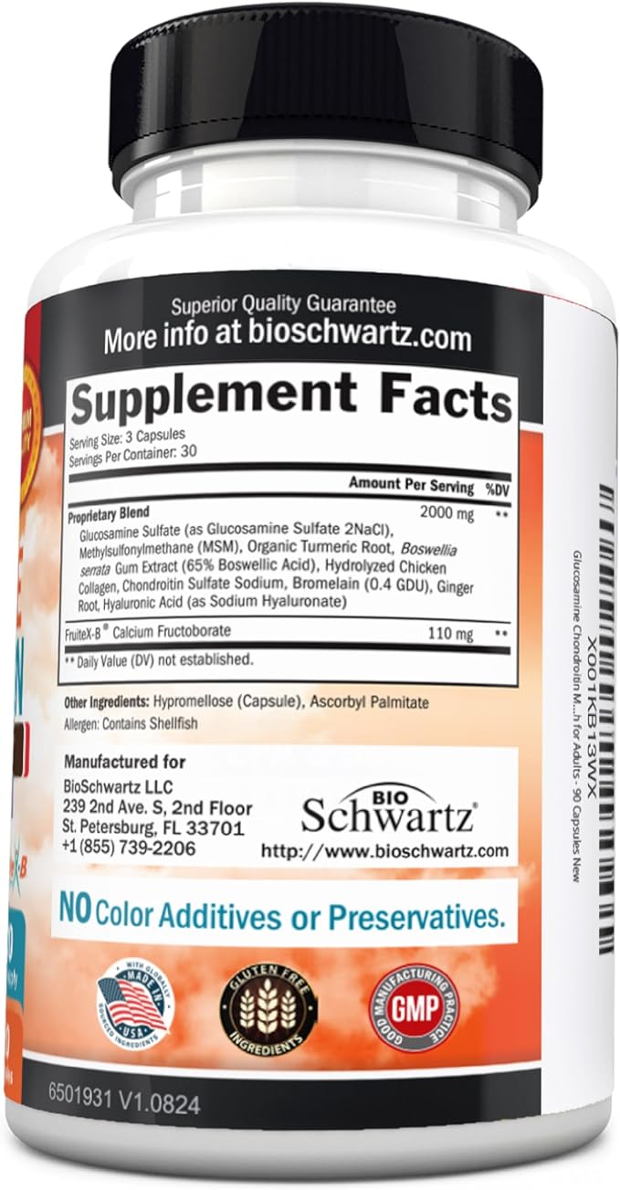 Glucosamine Chondroitin MSM Joint Support Supplement - FSA HSA Approved - Collagen Peptides, Turmeric and Ginger, Hyaluronic Acid, Glucosamine Chondroitin Sulfate - Gluten Free, Non GMO, 90 Capsules