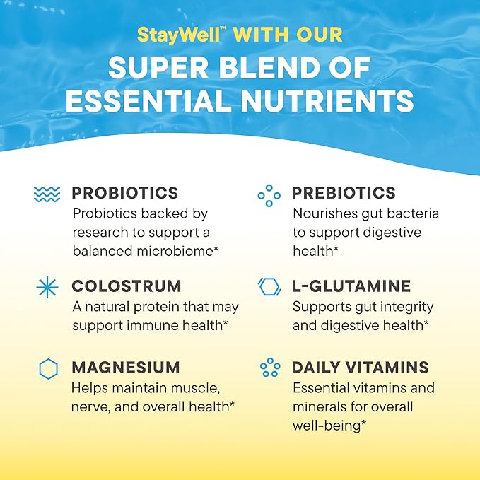 Nouri Daily StayWell Digestive & Immunity Drink Mix | Probiotics, Prebiotics, Colostrum, L-Glutamine, Magnesium, Manganese, Zinc, Vitamins for Gut Health, Digestion & Immune Support | 30 Stick Packs