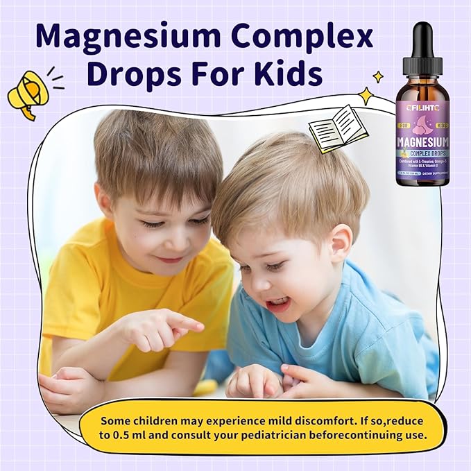 Kids Magnesium Liquid Drops-Magnesium Glycinate Liquid for Kids Supplement-w/L-theanine, Omega-3, Vitamin B6, D3 - for Sleep, Relaxation, Brain, Bones - Pineapple Flavor, 2 Fl Oz