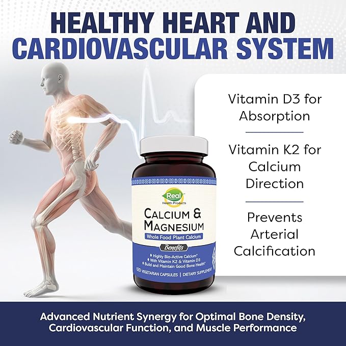 Plant-Based Calcium Magnesium Supplement with Boron, Vitamin D3 & K2 MK-7 - Optimal Calcium-Magnesium Ratio for Bone Strength and Health, Vegan, Non-GMO, Allergen-Free, 120 Capsules
