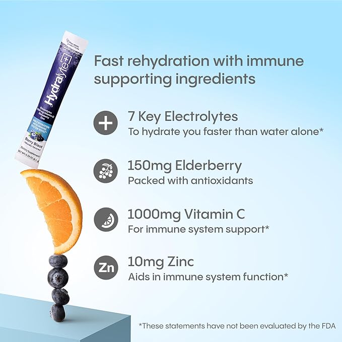Hydralyte Electrolytes Plus Immunity, Elderberry - Low Sugar Rapid Rehydration Powder - Lightly Sparkling Electrolyte Powder Packets with 1,000mg Vitamin C and 300 mg Elderberry (8oz Serve, 20 Count)