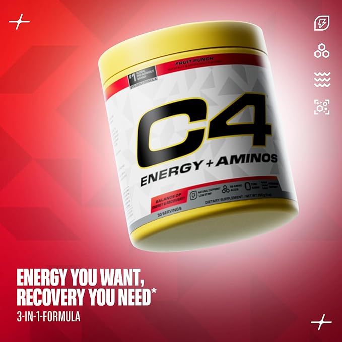 Cellucor C4 Energy + Aminos Powder | 5g BCAAs & EAAs for Muscle Recovery, 3 Electrolytes for Hydration, 100mg Natural Caffeine | Pre Workout | Zero Sugar, 30 Servings, Fruit Punch