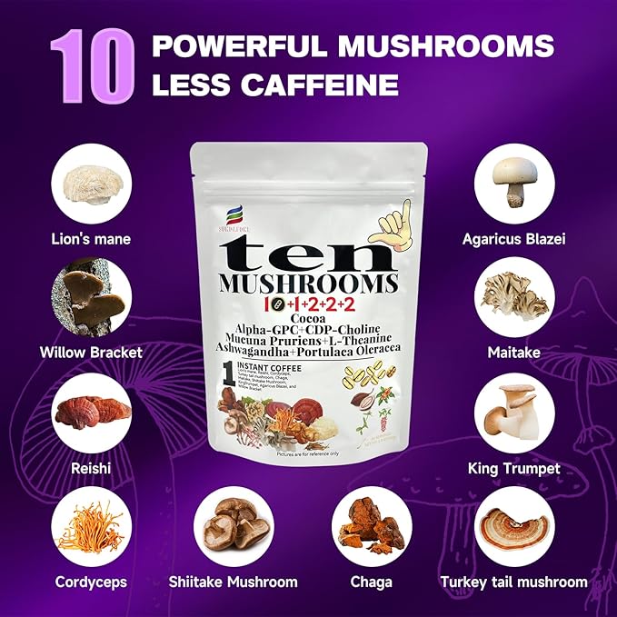 SUNDAFONE 17-in-1 Mushroom Coffee Powder with L-Theanine,Alpha-GPC,Ashwagandha for Boost Brainpower,Sharpen Focus,Lift Mood,Ease Stress,Support Heart & Immunity, 60 Servings Instant 10 Mushroom Coffee