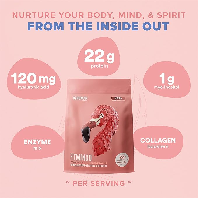 Fitmingo Vegan Protein Powder with Inositol, Collagen Boosters, Hyaluronic Acid and Vitamins | Low Carb, Dairy Free, Low Calorie | 22g Plant Based Mocha Protein Powder with Myo-Inositol