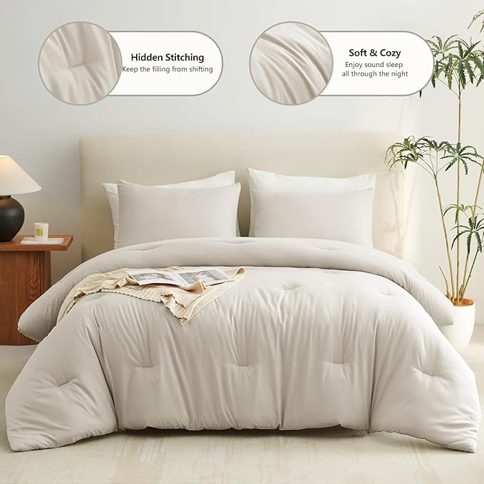 CozyLux Beige Comforter Set King Size, 3 Pieces Boho Solid Breathable Quilted Style Bedding Sets, Luxury Fluffy Soft Microfiber Comforter for All Season(1 Comforter & 2 Pillowcases)