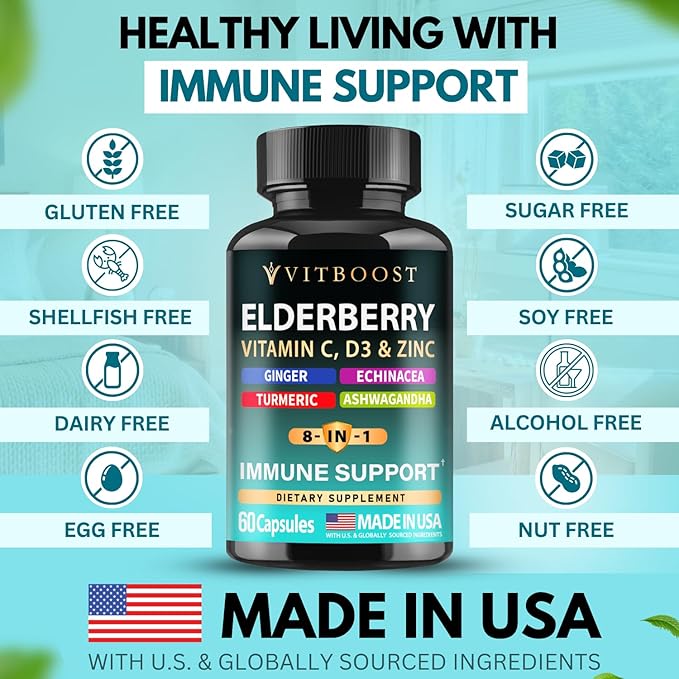 Elderberry Immune Support Supplement 8-in-1 Formula with Echinacea, Vitamin C & Zinc, Vitamin D 5000 IU, Turmeric, Ginger, Ashwagandha – Pack of 2