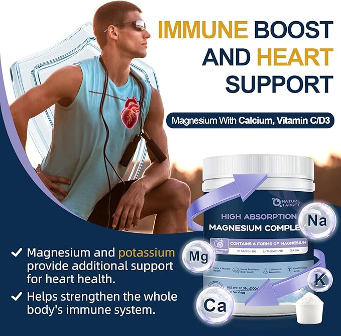 NATURE TARGET Magnesium Powder Supplement with Glycinate, Citrate, Malate, Magnesium Complex with L-Theanine & Vitamin B6 for Muscle, Heart & Brain, Vegan, 10.58 oz (100 Servings), Lemon Orange Flavor