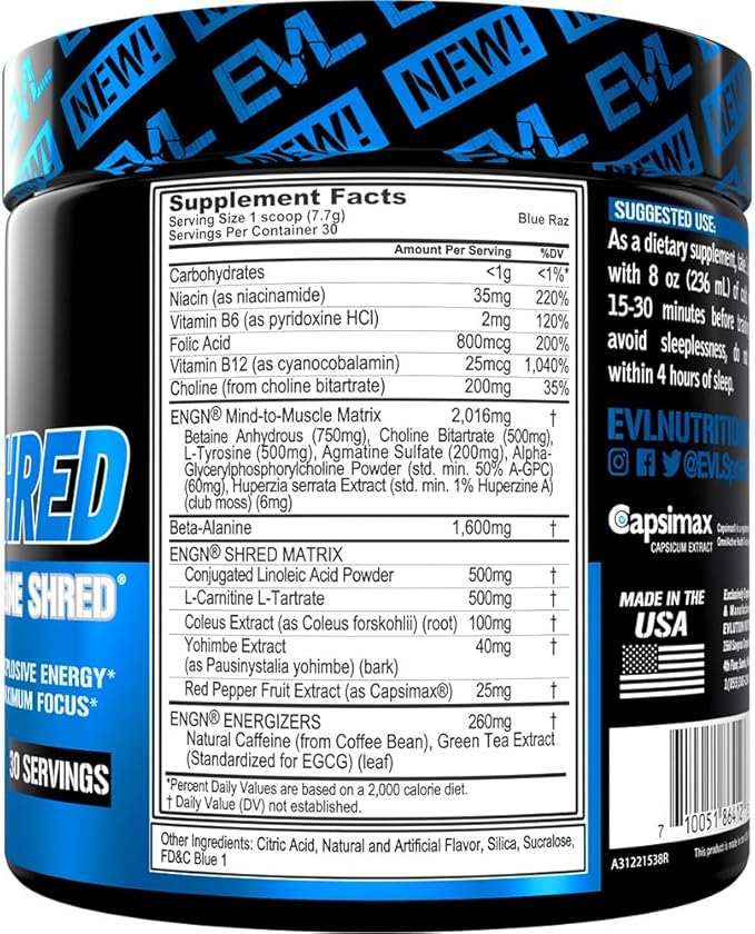 EVL Ultimate Pre Workout Powder - Thermogenic Fat Burn Support Preworkout Powder Drink for Lasting Energy Focus and Stamina - ENGN Shred Intense Creatine Free Preworkout Drink Mix - Blue Raz