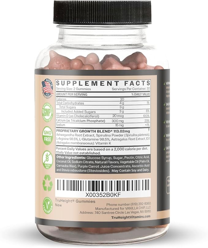 TruHeight Growth Gummies (Watermelon) Natural Growth & Development Supplement for Kids & Teens - Vitamin D, K, Calcium & Ashwaganda - Bone Strength Vitamins - Picky Eater Vitamin for Kids - Ages 5+
