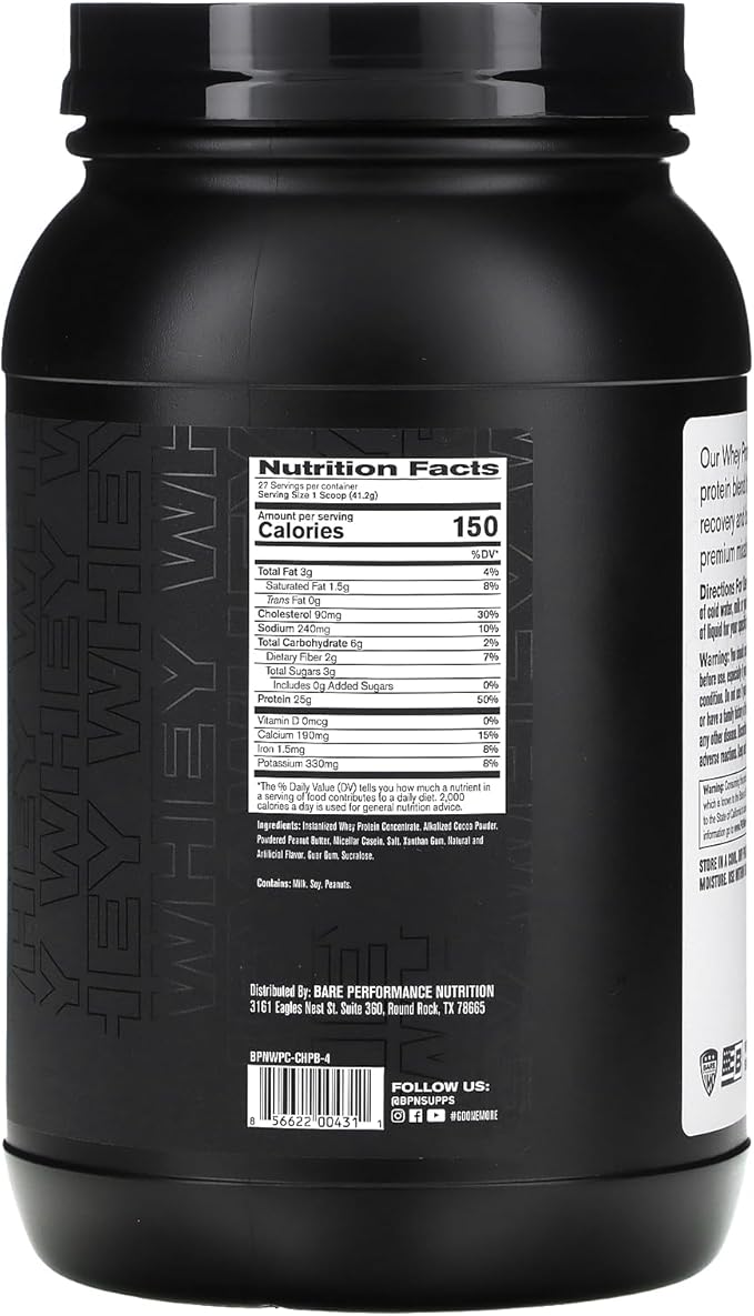 BARE PERFORMANCE NUTRITION, BPN Whey Protein + Casein Protein Powder Blend, Chocolate Peanut Butter, 25g Protein per Serving Supports Lean Muscle Recovery, 27 Servings, Third Party Tested