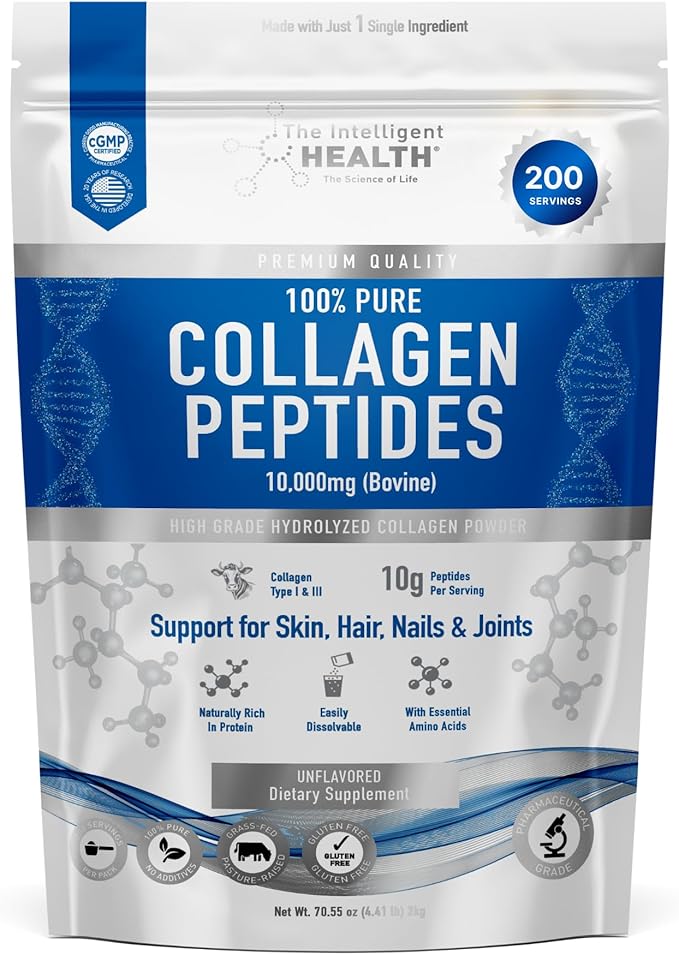 Hydrolyzed Collagen Peptides Powder, Grass Fed, High Protein, Unflavored, Gluten-Free, Paleo & Keto Friendly, 10g per Serving (2kg) Supports Skin, Hair, Nails, Joints, & Bones