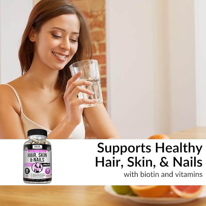 Kaya Naturals Hair Skin Nail Capsules BIOTIN Vitamin D Vitamin B-12 A Folic Acid Support, Hair Support Vitamin Supplement