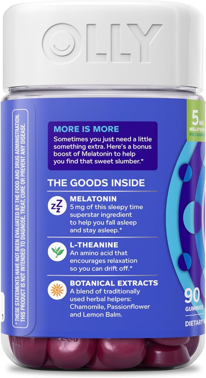 OLLY Extra Strength Sleep Gummy 5 mg Melatonin, L-Theanine, Chamomile, Lemon Balm Extracts, Sleep Aid, BlackBerry Flavor - 90 Count
